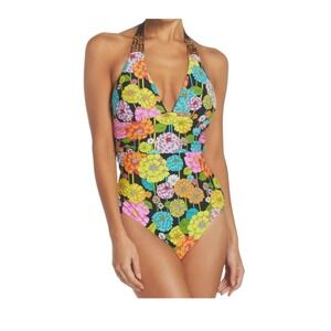 Trina Turk Santiago Floral Beaded Halter Open Back One Piece Beach Vacation